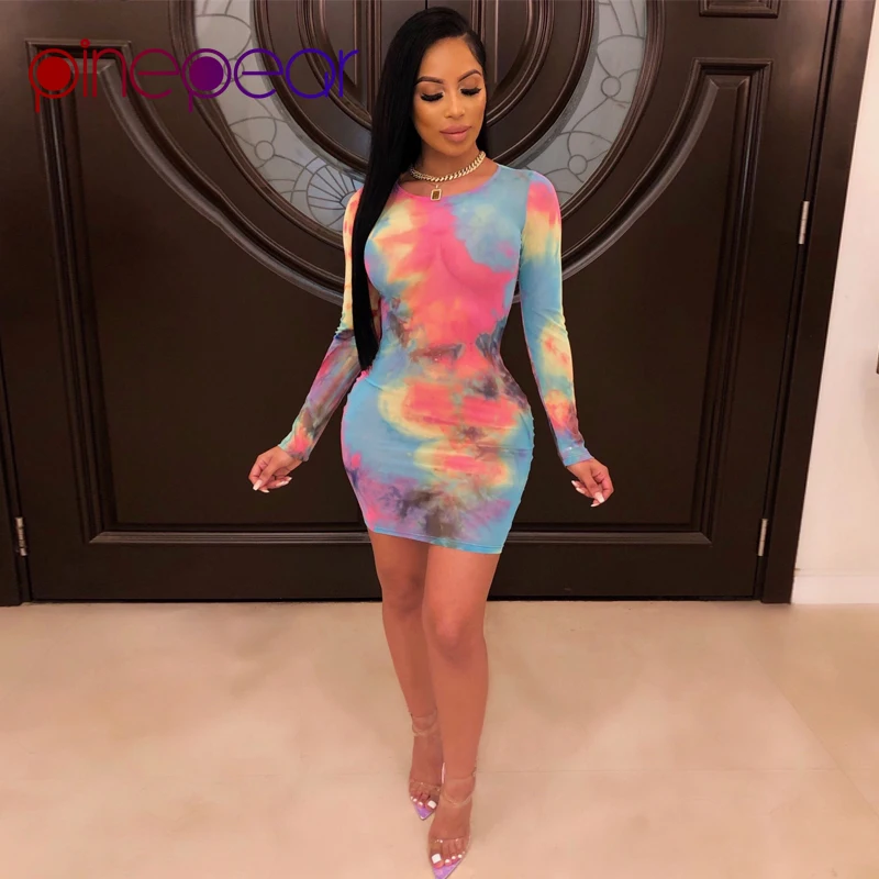 

PinePear Mesh Gradient Print Tie Dye See Through Long Sleeve Mini Dress 2019 Women O Neck Bodycon Sexy Club Dress Dropshipping
