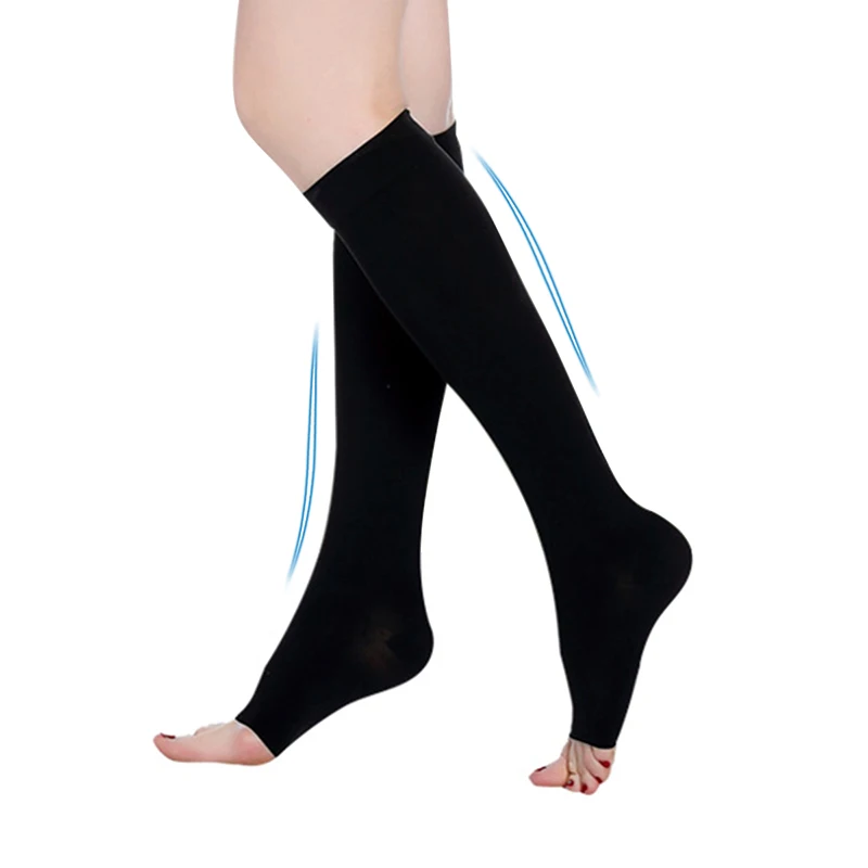 FINDCOOL, с открытым носком, до колена, 20-30 мм рт. Ст., медицинские компрессионные чулки(1 пара), выше колена - Color: Black Open Toe