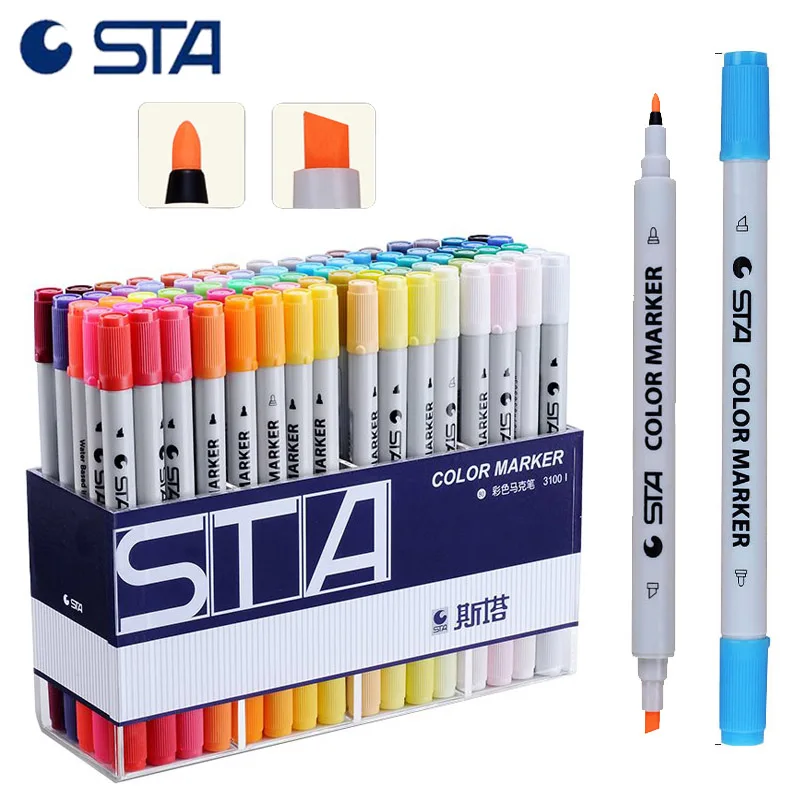 

STA 3100 Dual Watercolor Sketch Markers 12/24/36/48/60/80 Aquarelle Manga Graffiti Pens for Kids Washable Water Based Marker Pen