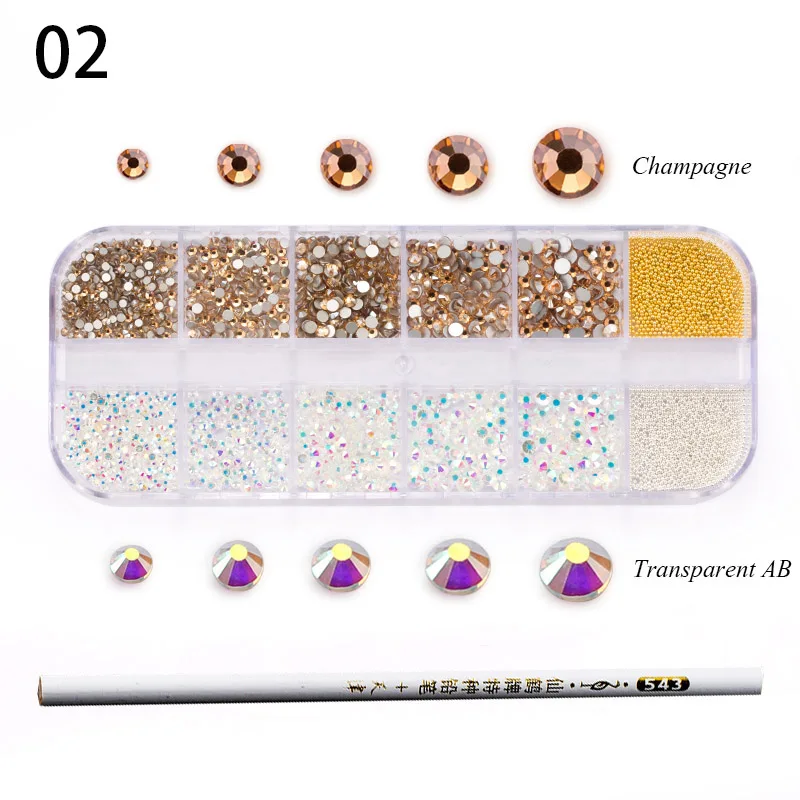 1 Box Double Colorful Mixed Size Strass Crystal Glass Rhinestone With Metal Beads Nail Rhinestones For Nails Art Decorations - Цвет: 02