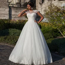 Vestidos de novia бальное платье белая аппликация «сердце» кепки рукавом платья невесты дешевые пользовательские Кружева Свадебные платья с открытой спиной
