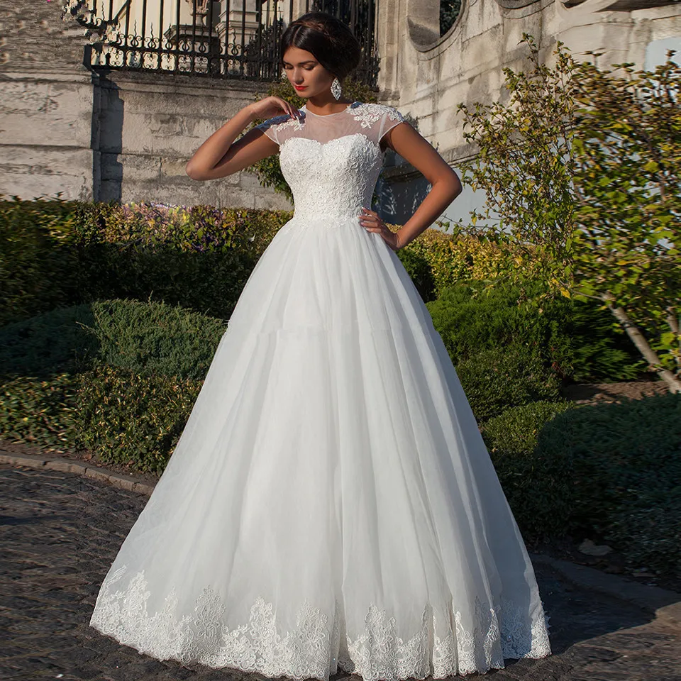 

vestidos de novia Ball Gown White Sweetheart Appliques Cap Sleeve Bride Dresses 2019 Cheap Custom Lace Backless Wedding Dresses