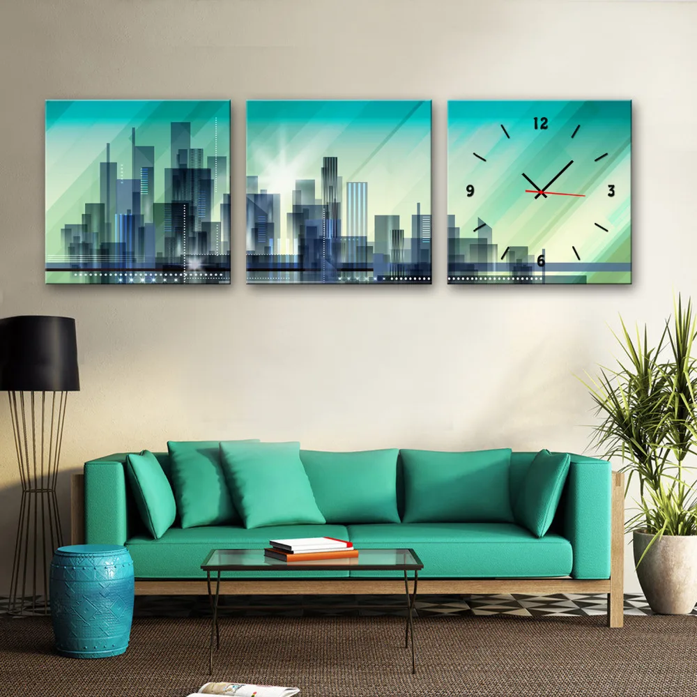 

Free Shipping E-HOME Many-storied Buildings Clock in Canvas 3pcs wall clock 17121127