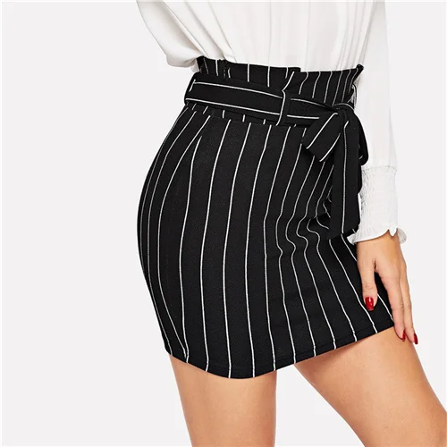 Black and White SHEIN Юбка С Поясом И Складкой Летняя Женская Юбка, Офисная Юбка-Карандаш - Цвет: Black and White