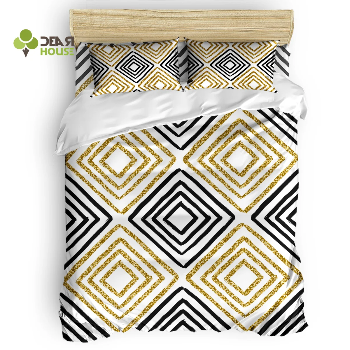 

Dear House Duvet Cover Set Black Gold Diamond Abstract Geometry Duvet Cover 4 Piece Bedding Set