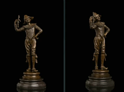 

JP S1151 Art Deco Sculpture "Happy Clown" Joker Hold Puppet Perform Bronze Statue Signed