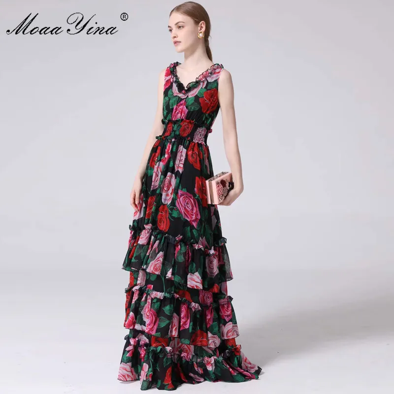 MoaaYina, модное дизайнерское подиумное платье, летнее, женское, v-образный вырез, цветочный принт, оборки, эластичная талия, для отпуска, макси, платья - Цвет: Многоцветный