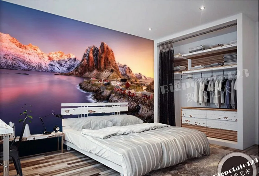 

custom 3d wallpaper Purple Sky Snow Mountain Water House Snow Background Wall photo wall mural 3d mural wallpaper