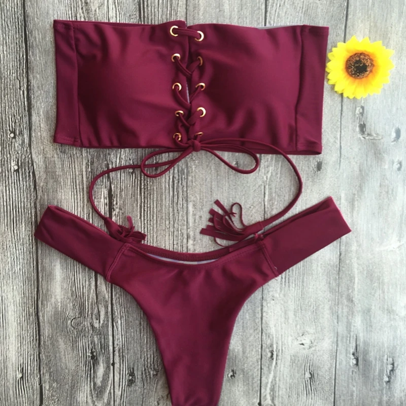 2018 Bikini Set Women Swimsuit Sexy Strapless Lace Up Swimwear (7)