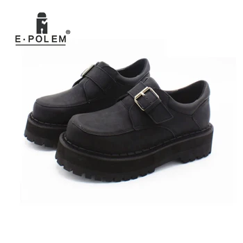 

2018 Stylish Female Punk Buckle Thick Platform Shoes Harajuku Round Toe Flat Genuine Leather Boots for Women