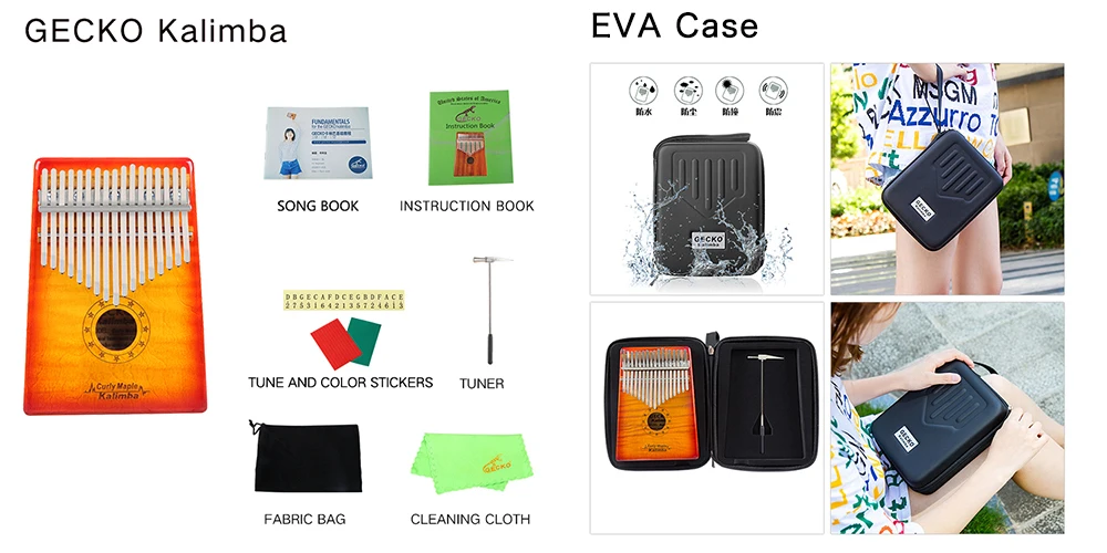 GECKO Kalimba 17 клавиш вьющиеся клен большого пальца пианино и EVA высокая производительность защиты коробка, тюнинг молоток, музыкальный инструмент MC-S