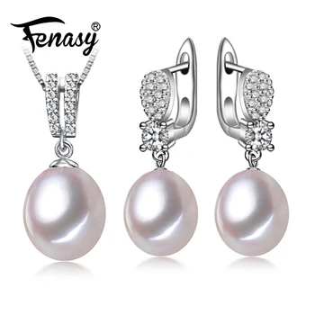 

FENASY Natural Pearl Jewelry Sets 925 Sterling Silver pendant Necklace for women Pearl Earrings drop earrings fine jewelry
