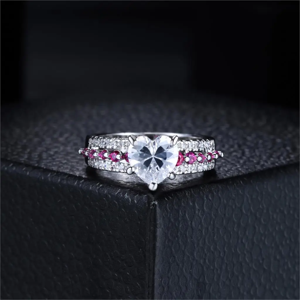 Double Fair Unique Love Heart Cubic Zirconia Trendy Engagement Rings White Gold Color Fashion Jewelry For Women DFDD016