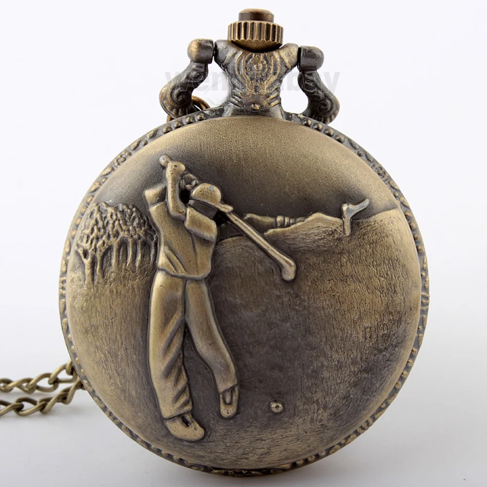 

Antique steampunk Vintage Copper Elegant Design Quartz Chain Golf Pocket Watch Christmas Gift Glass Lockets P291