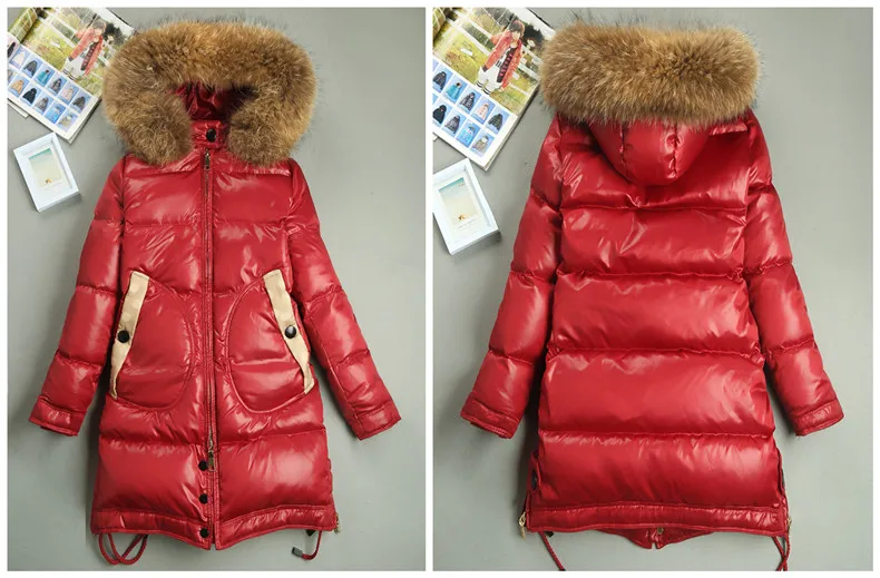 Зимнее модное женское пальто на утином пуху, большой капюшон из натурального меха, Женская Толстая теплая парка, женские стеганые куртки, черный, красный, 3xl