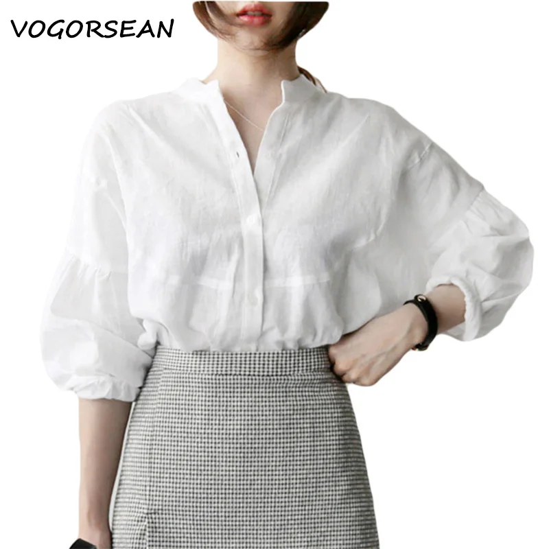 

VogorSean Summer Womens Blouse Shirt Cotton 2019 Ladies 5/5 Sleeve Loose Leisure Women Shirts White Blouse Tops 100% Flax Cotton