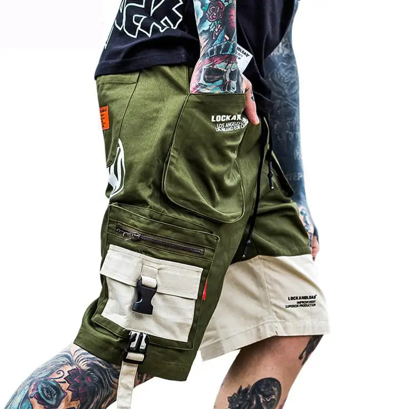 Летние мужские шорты в стиле хип-хоп, уличная одежда для бега,, Harajuku, карго шорты с карманами, цвет блок, армейский зеленый, тактический, военный, мешковатый, короткий
