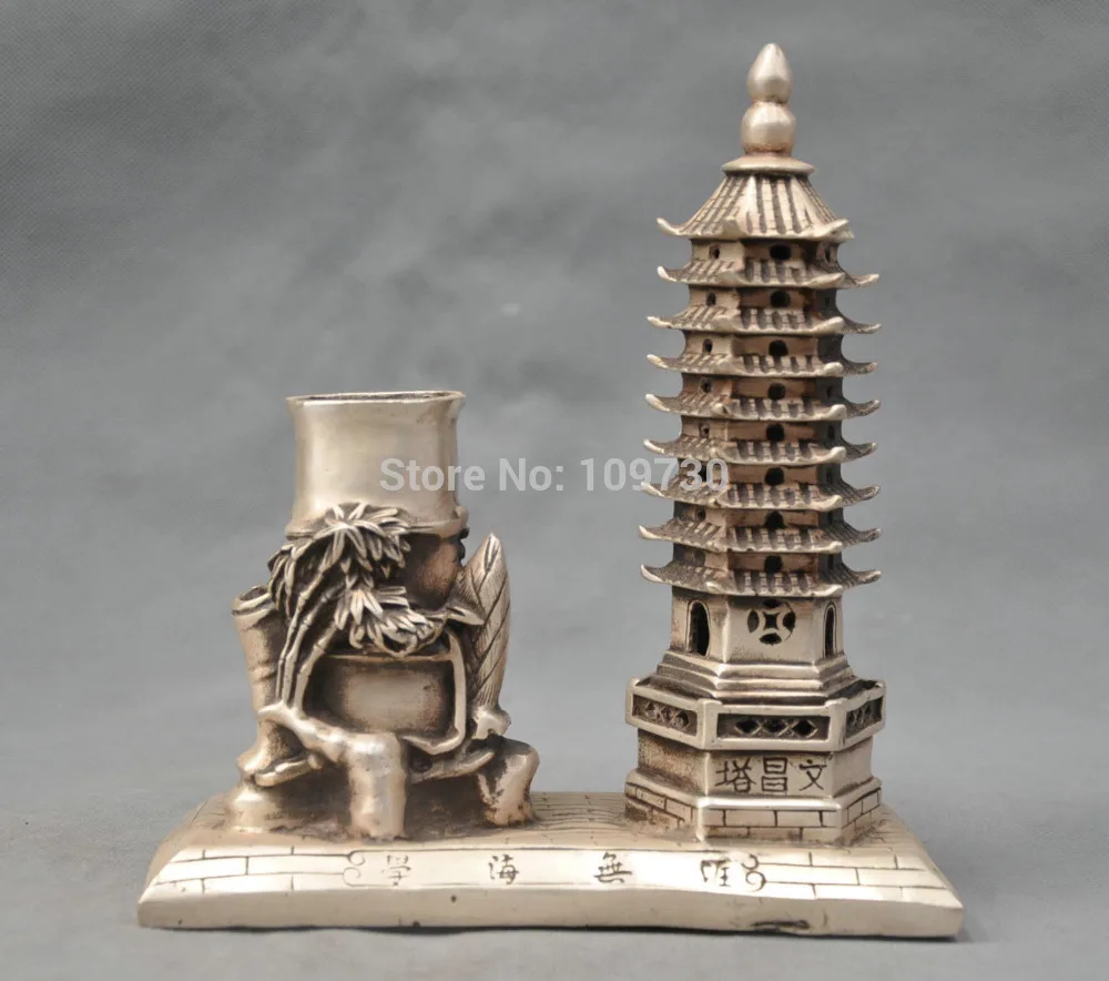 

001338 8'' China Silver Bronze pen container pagoda Love of learning Bronze Statue