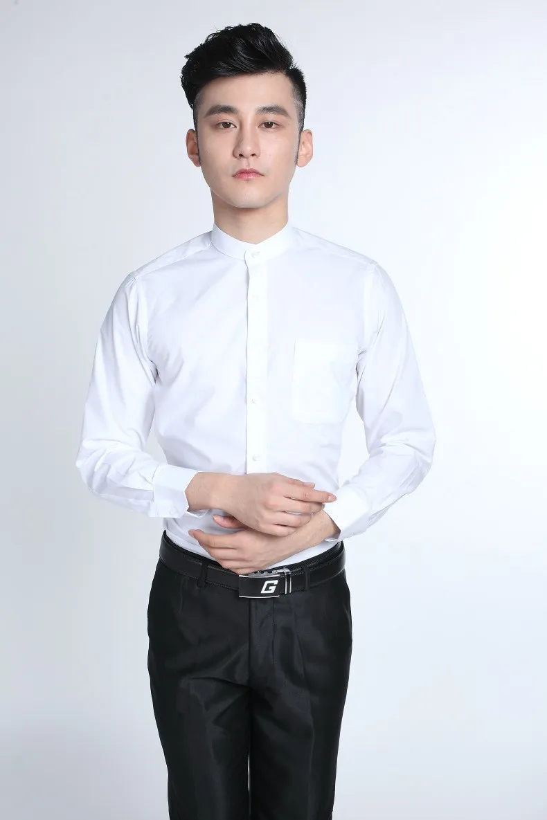 Жених белый китайский трендиционный Мандарин воротник смокинг рубашки с длинным рукавом Свадебная вечеринка Выпускной рубашка Slim Fit мужские деловые рубашки