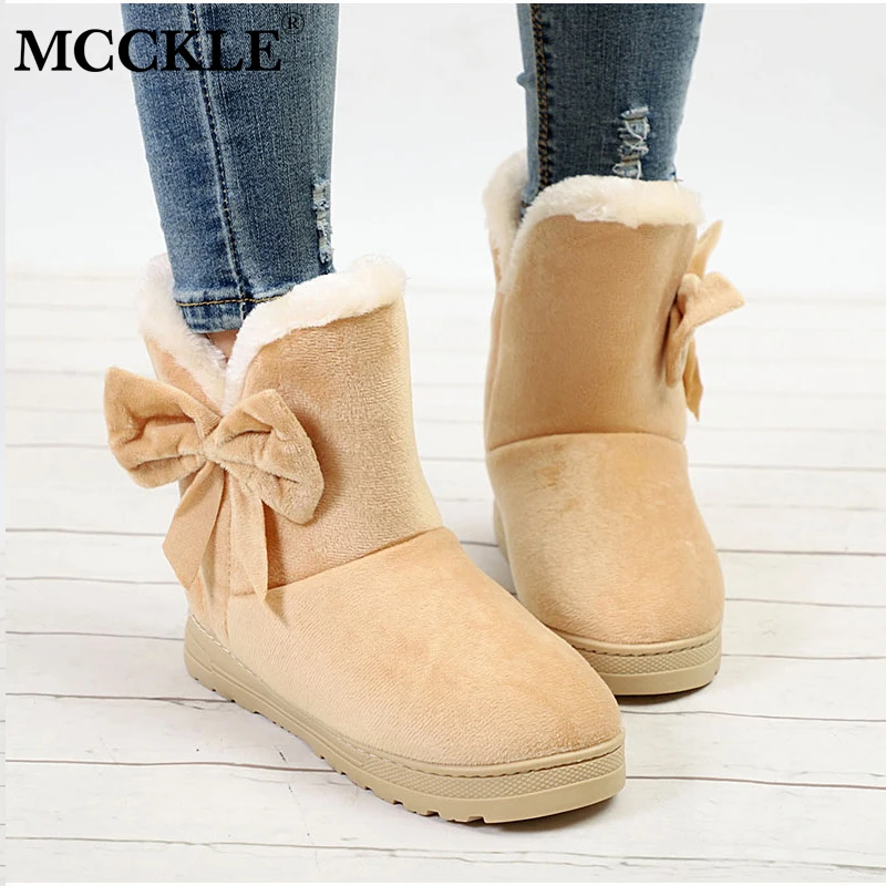 online MCCKLE Feminino Warmer Plush Bowtie Camurça Pele de Borracha Deslizamento Plana Sobre Botas de Neve Tornozelo Inverno Plataforma Moda Preto das Mulheres sapatos