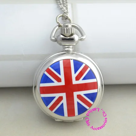 

English england great britain UK flag pocket watch women lady girl necklace hour clock silver fashion antibrittle enamel mirror