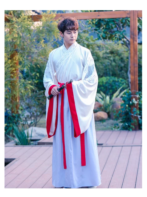 Ancient Chinese Costume Men Performance Outfit For Dynasty Men White Hanfu Costume Satin Robe Chinese Traditional Dress DN2112 -
