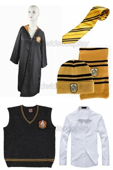 

Free Shipping Harry Hufflepuff Cedric Diggory Cosplay Robe Vest Set Hat Scarf Custom Made for Halloween and Christmas