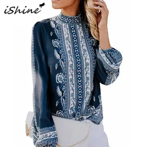 

Autumn New Women's Tribal Ethnic Style Floral Print Long Ballon Sleeves Stand-up Collar Chiffon Casual Elegant Blouses Tops