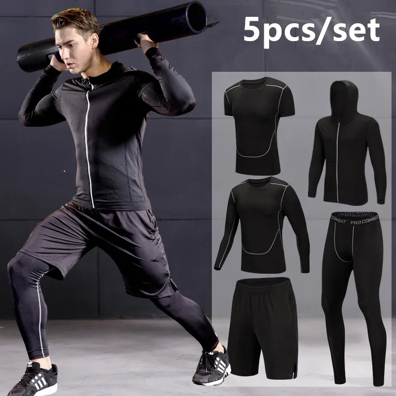 

2018 New Quick Dry Running Set Mens Compression Sports Suits Hooded Basketball Trainning Running Set Gym Jogging Fitness Clothes