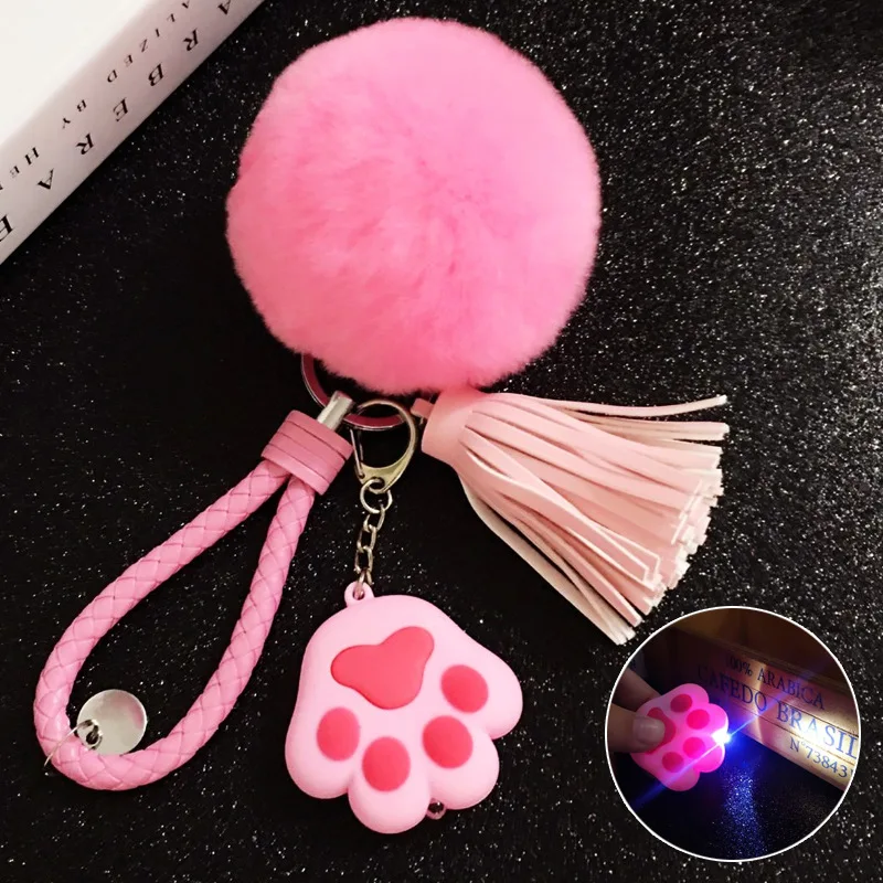 

Fashion Cute 8CM Imitate Rex Rabbit Fur Ball Plush Pompom Key Chain Cartoon Glowing Cat Claw leather Pendant Key Ring For Women