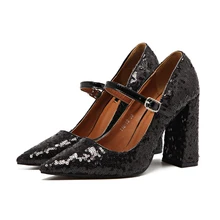 Mary Janes Women Shoes Black Bling bling Super High Heeled Elegant Party Pumps