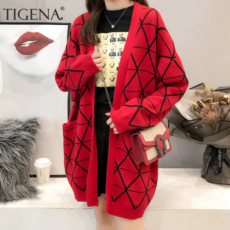 Tigena черный красный длинный кардиган женский трикотажный жакет 2019 осень зима