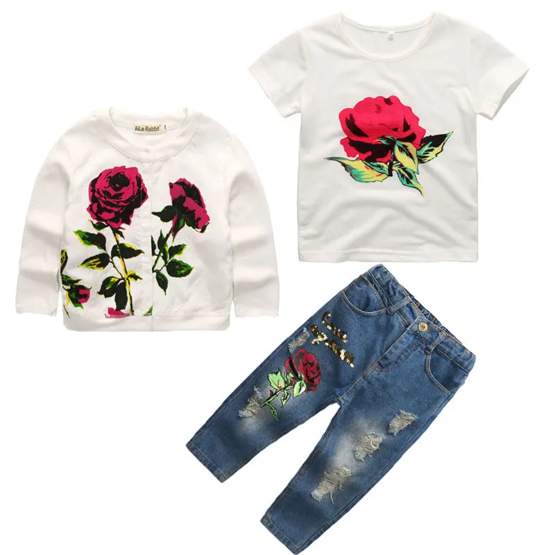 Популярные комплекты одежды для девочек, куртка+ футболка+ джинсы, комплект из 3 предметов, модное пальто с длинными рукавами с розами, рубашка, джинсовый комплект детской одежды