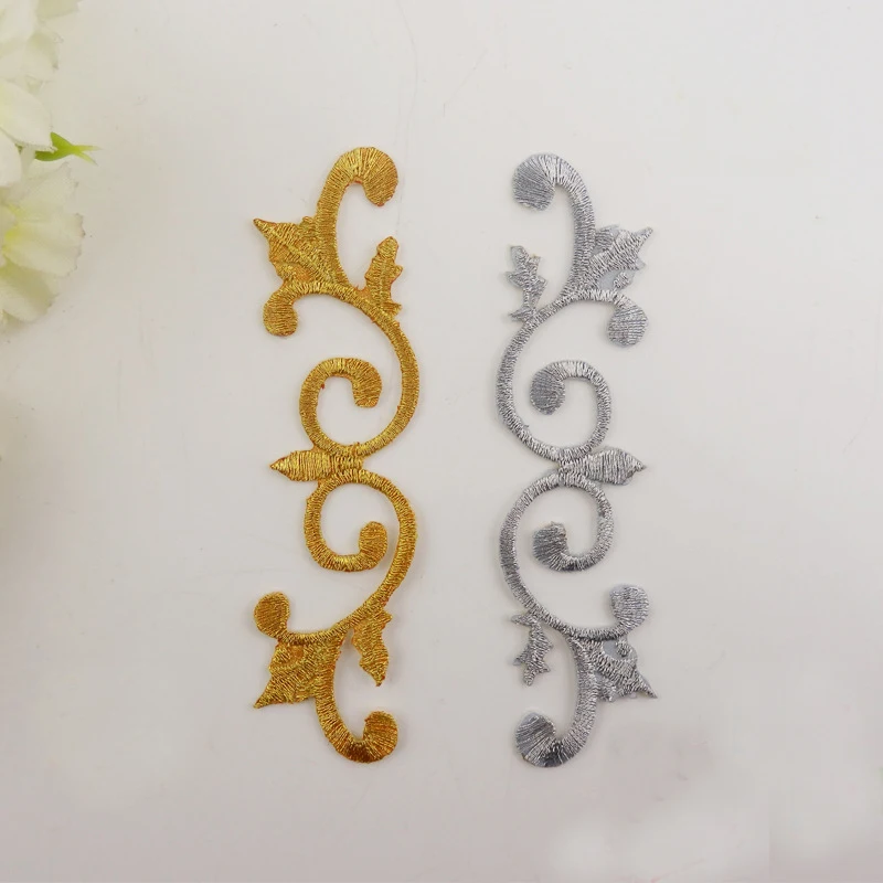 

100 Pieces/Lot Iron On Flower Gold Silver Embroidered Flower Appliques Cosplay Costumes Trims Embroidery Patches 10.8*2.9cm