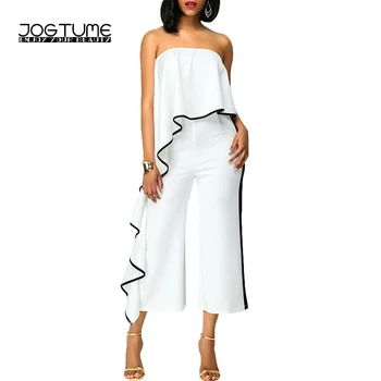 

JOGTUME Sexy Off Shoulder Ruffle Jumpsuit Women 2017 Autumn White Wrapped Chest Wide Leg Pant Female Long Loose Party Jumpsuits