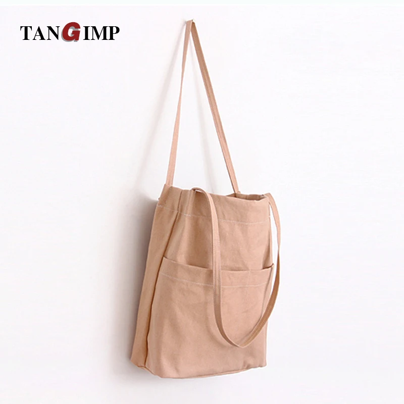 

TANGIMP 2018 Outer Pocket Canvas Handbags Female Bags Solid Color Women Single Shoulder Shopping Tote Girls Big Beach Bags