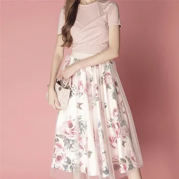 

2 Pieces Sets Women Irregular T Shirt+Mesh Skirts Suits Bowknot Solid Tops Vintage Floral Skirt Sets for Elegant Sweet Woman