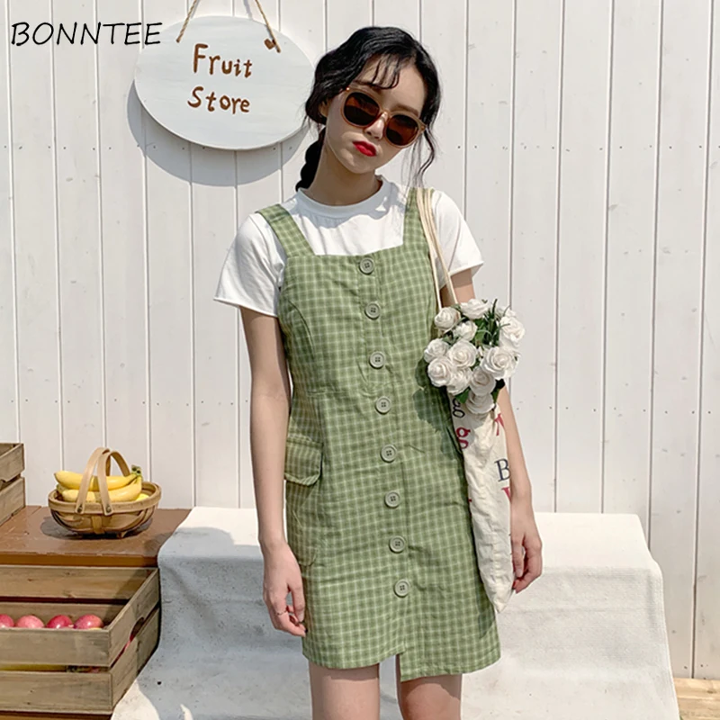 

Dress Women Sleeveless Elegant Simple All-match Plaid Korean Style Trendy New Loose Daily 2019 Casual Cute Womens Ladies Sweet