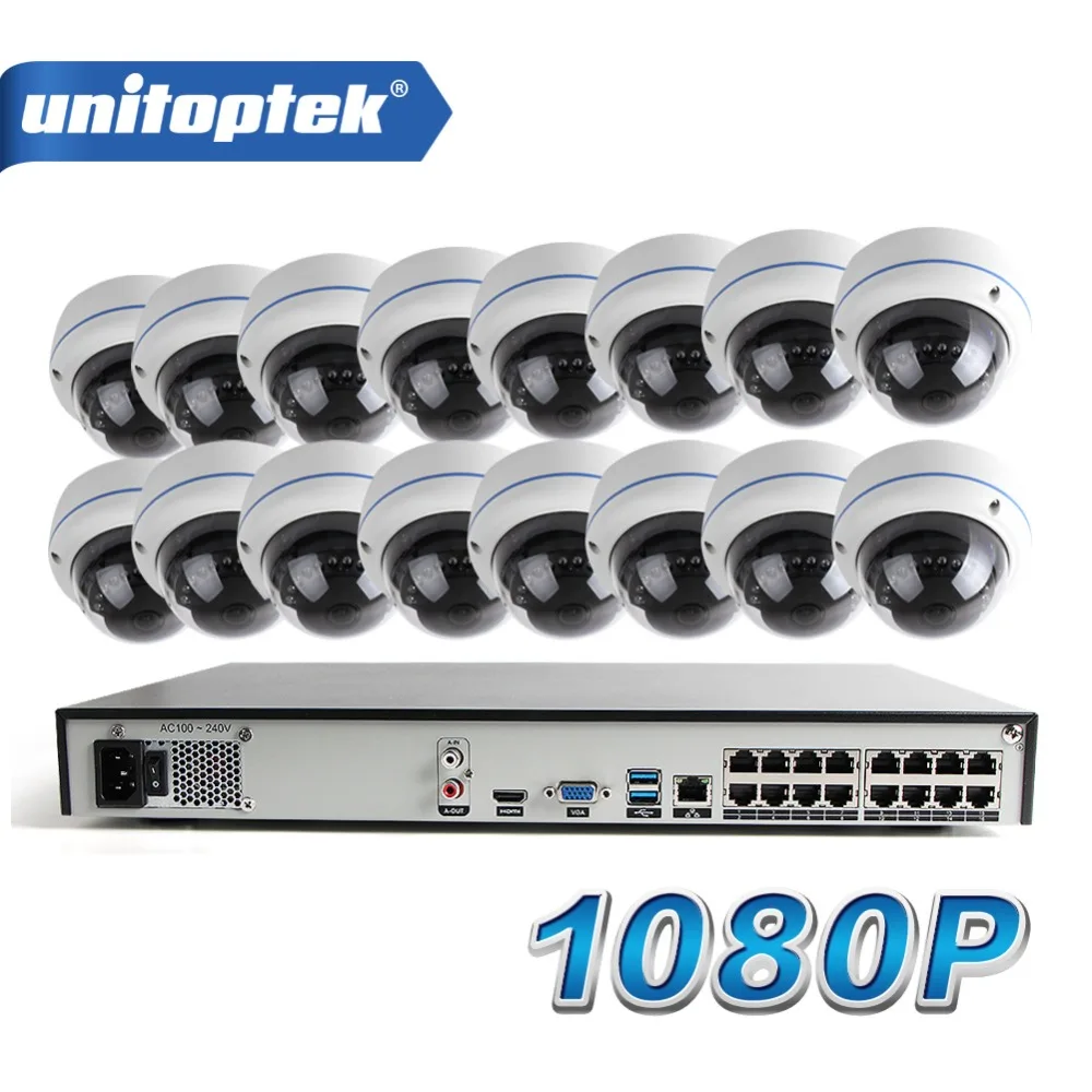 Комплект системы безопасности UNITOPTEK 16CH 1080 P POE NVR 16 шт. Full HD купол IP камера 2.0MP