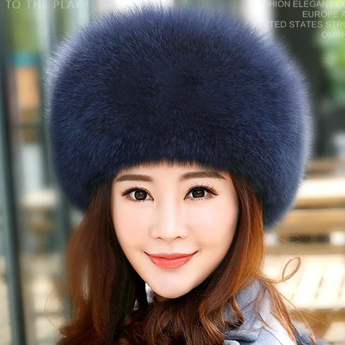Женская зимняя шапка из натурального Лисьего меха, теплая мягкая пушистая шапка из меха лисы, роскошная Высококачественная шапка-бомбер из натурального Лисьего меха - Цвет: blue grey