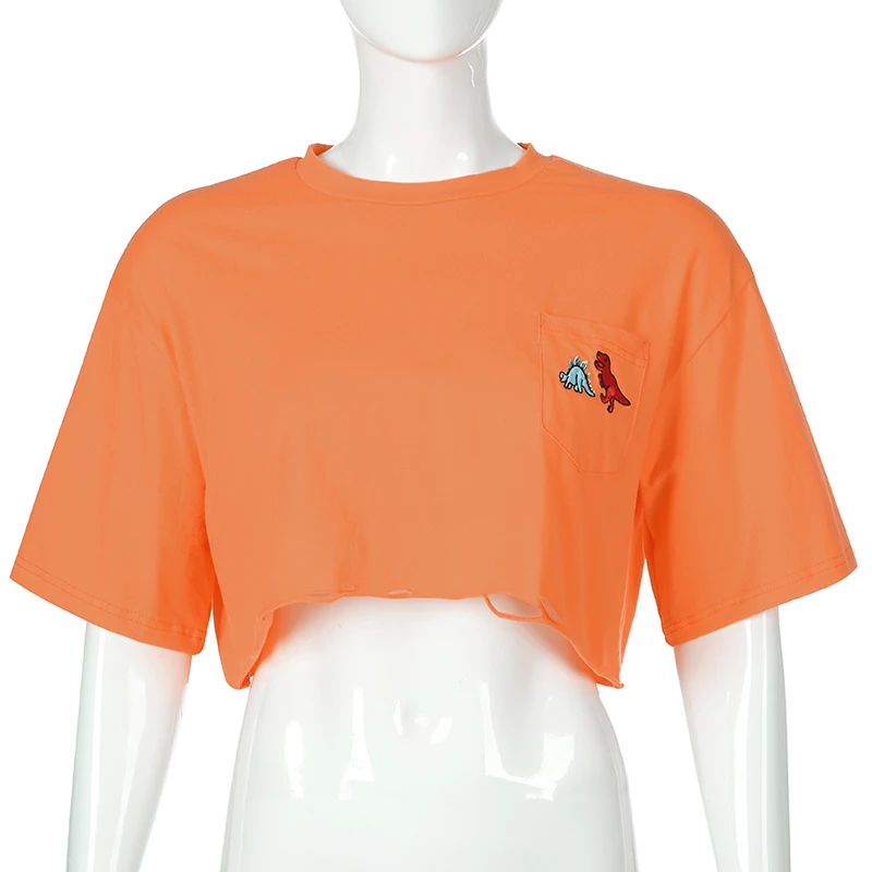 Rockmore летняя футболка с изображением динозавра футболка с вышивкой и Для женщин Карманы Свободные короткий рукав Повседневная футболка женский укороченный Футболки для девочек