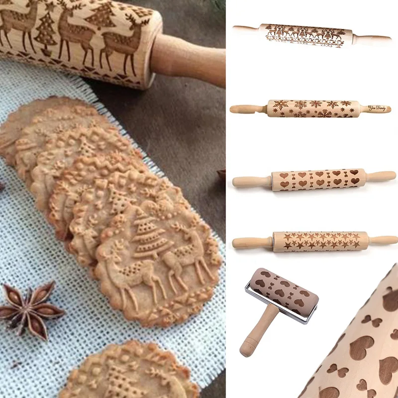 

Christmas patterned Embossed Rolling Pin Engraved Embossing for Baking Wood pastry boards fondant Craft toy for children