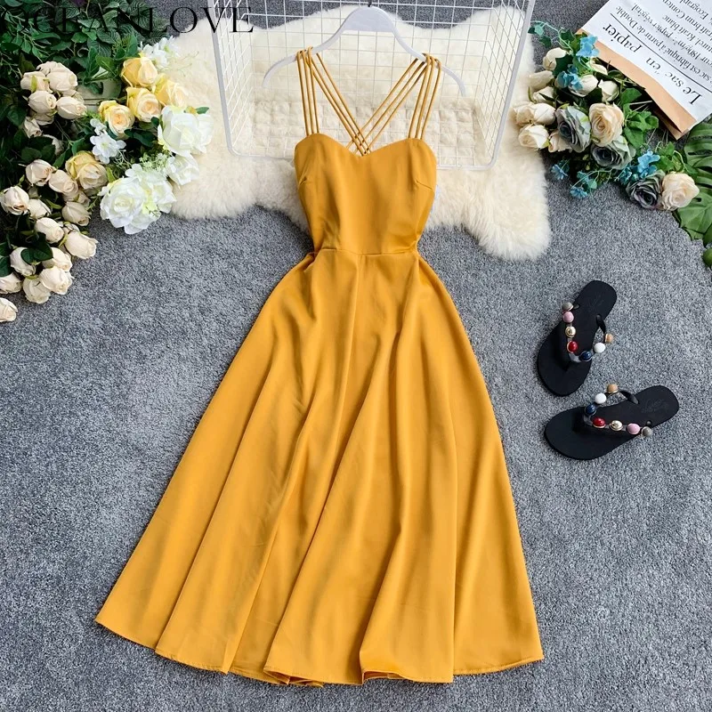 

OCEANLOVE Solid A-line Party Dress Sleeveless Backless High Waist Vintage Vestidos 2019 Summer Robe Femme Sexy Dresses 11912