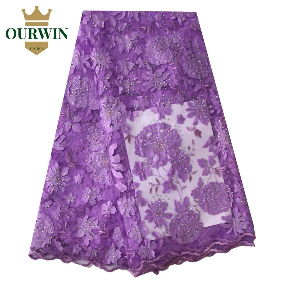 

Free Shipping (5yards/pc) High Quality Lilac African Laser Cut Lace Fabric with 3D Flowers and Stones for Women Party Dress