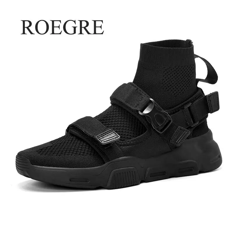 Online Zapatillas de deporte altas para hombre, calcetines transpirables de punto superior para hombre, zapatillas blancas y negras de nueva moda 2019, zapatos informales para hombre