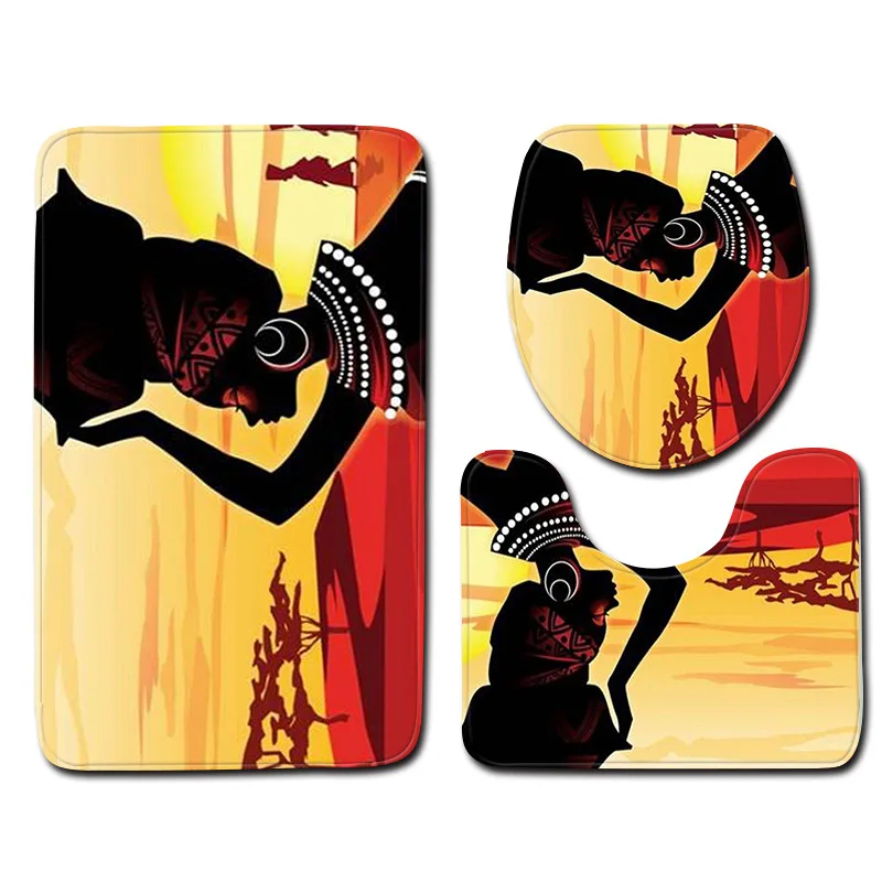 3Pcs/Set African Woman Bathroom Mat Set Non Slip Pedestal Rug + Lid