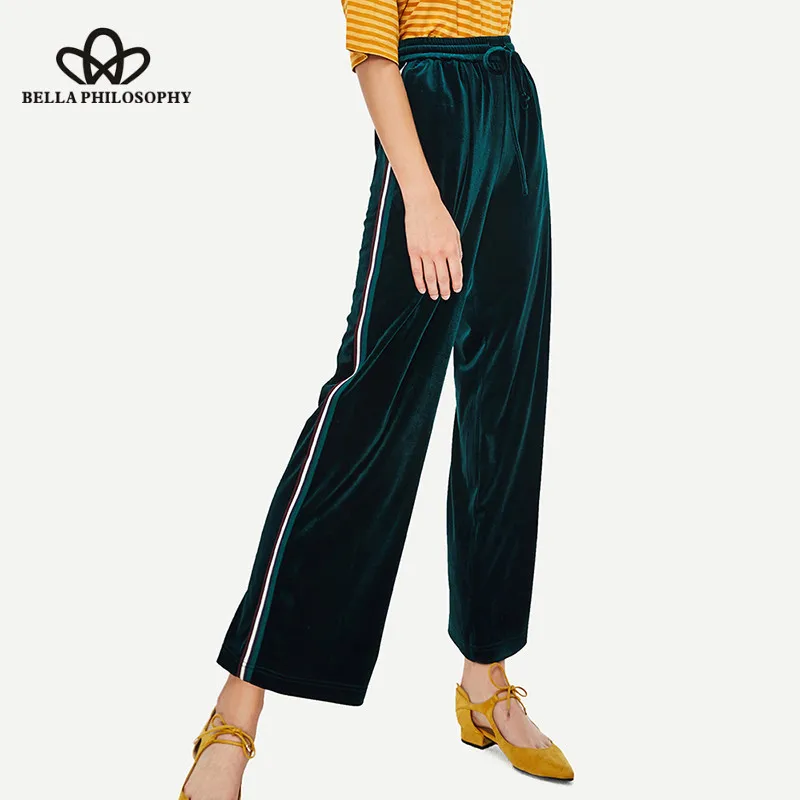 Wonder 2019 Casual Striped Velvet Sports Pants Street Wear Female Vintage Elastic Waist Long Pants Lace-Up Lady Wide Leg Pant