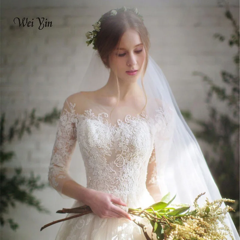 

weiyin Vestido De Noiva New Fashion Simple 2019 Wedding Dresses Lace Three Quarter Sleeve O-Neck Elegant Plus size WY992