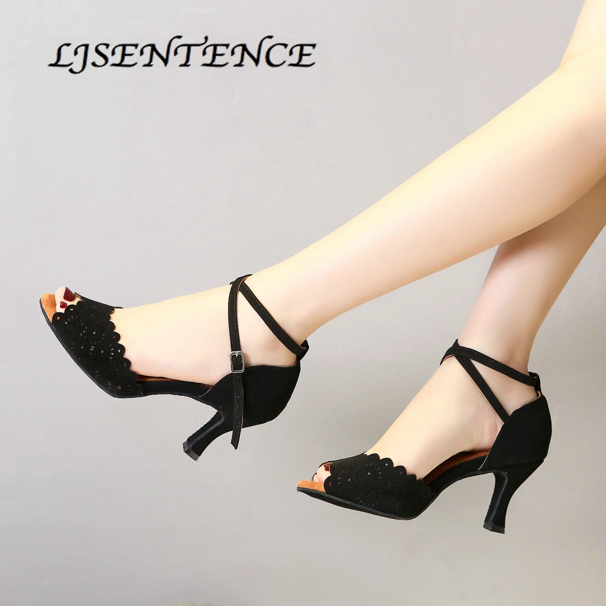 

2019 Satin Latin Dance Shoes Lady Shoes Women Dance Shoe Classic Ballroom Salsa Party Black Medium Heel Sandals Dancing 7.5cm