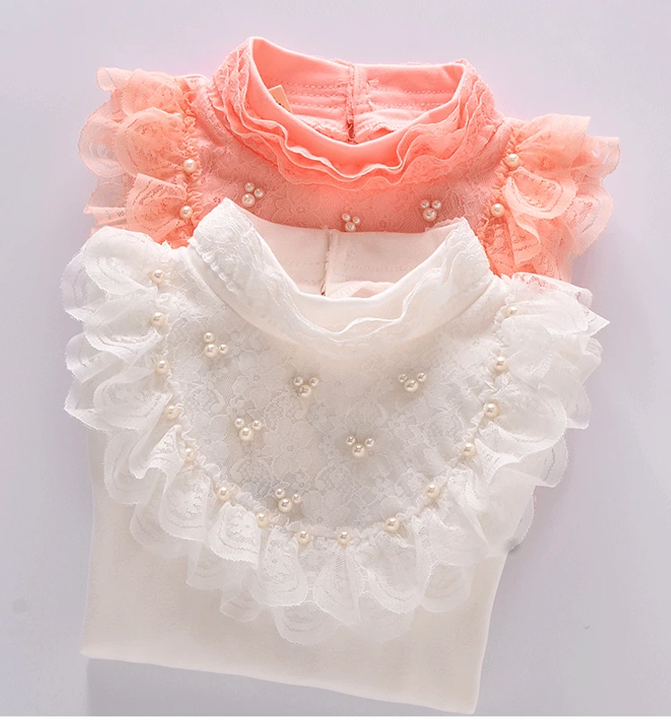 

2017 Fall Children's Clothing Girls Long Sleeve Bottoming Shirt Baby Kids Lace Pearl Blouse Teen Girl Princess Turtleneck Shirts